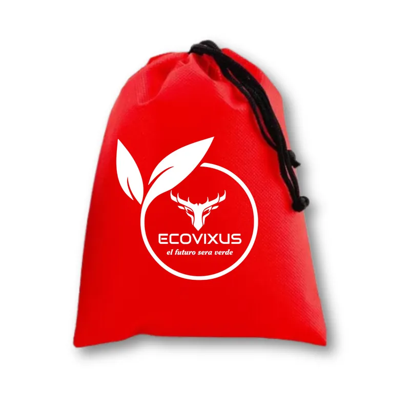 Bolsa Cordón Arriba en rojo, con cordón negro corredizo y el logotipo de Ecovixus estampado en blanco