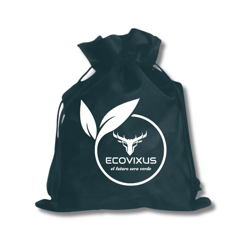 Bolsa Tipo Caramelo en negro, con el cuello fruncido y el logotipo de Ecovixus estampado en blanco
